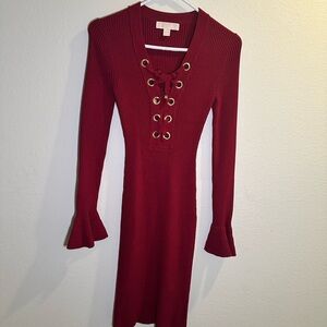 Michael Kors Red Lace-Up Long Sleeve Dress